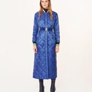 Tory Burch Vintage Loriner Quilted Long Jacket Womens Size 2 Blue Belted Coat